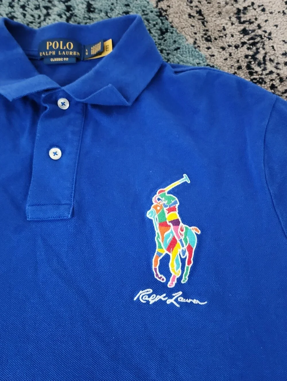 Ralph Lauren Men Blue Luxury Multicolor Big Ponny Logo Cotton Polo Size Large